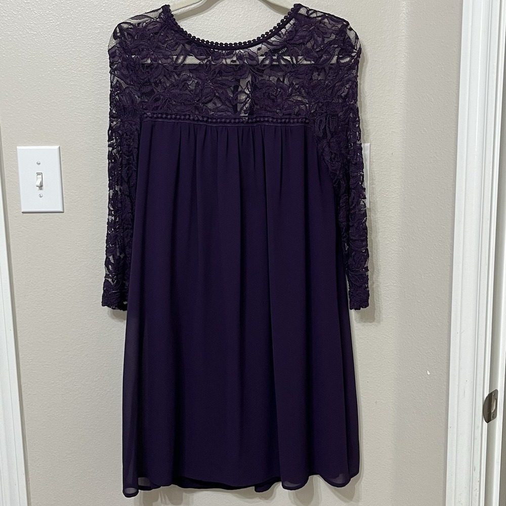 As U Wish Women's Chiffon Dress Sz Large‎ Deep Purple Lace Stretch Sleeves Lined